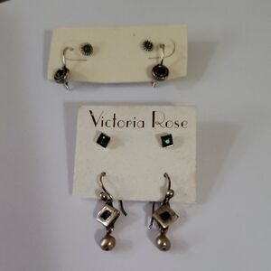 4 Prs Vintage Fashion Earring Set Greens and Blues in Silver